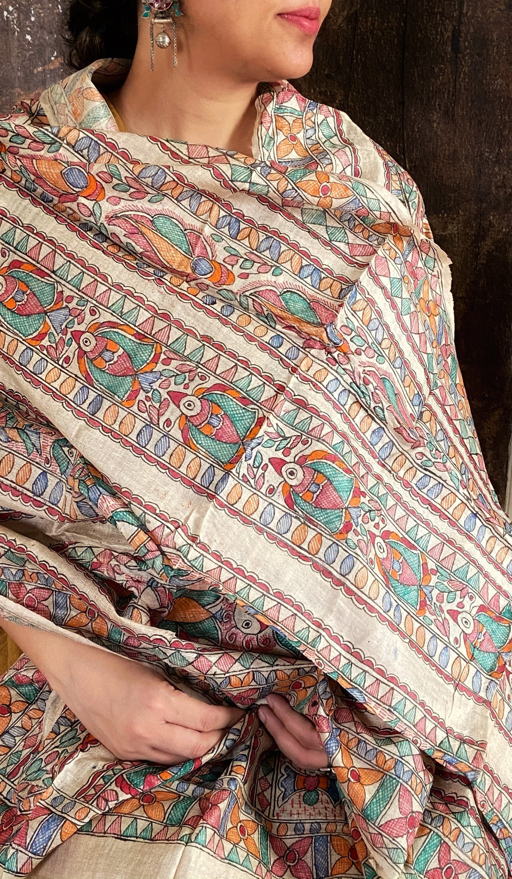 Madhubani Handpainted Tussar Silk Dupatta