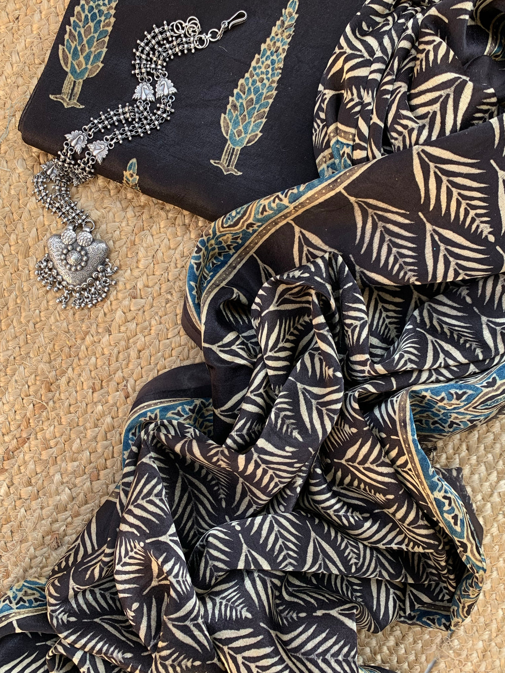 Hand Block Natural Dyes Ajrakh Mashru Silk Kurta Dupatta Set