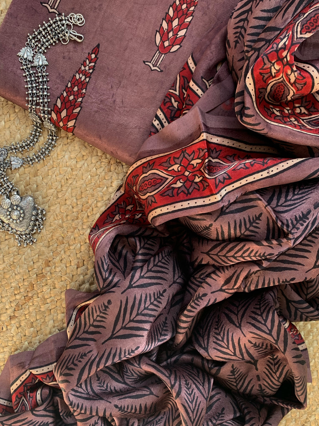 Hand Block Natural Dyes Ajrakh Mashru Silk Kurta Dupatta Set