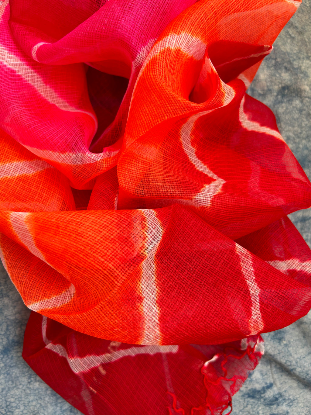 Handcrafted Tie-Dye Silk Kota Doria Dupatta -Orange, Red & PInk