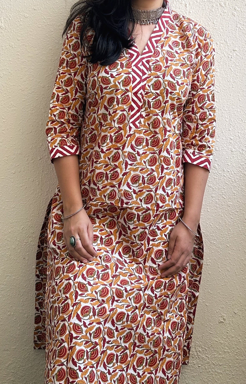 Zig Zag Zoh- Handblock Straight Fit Cotton Long Kurta Bottom Set