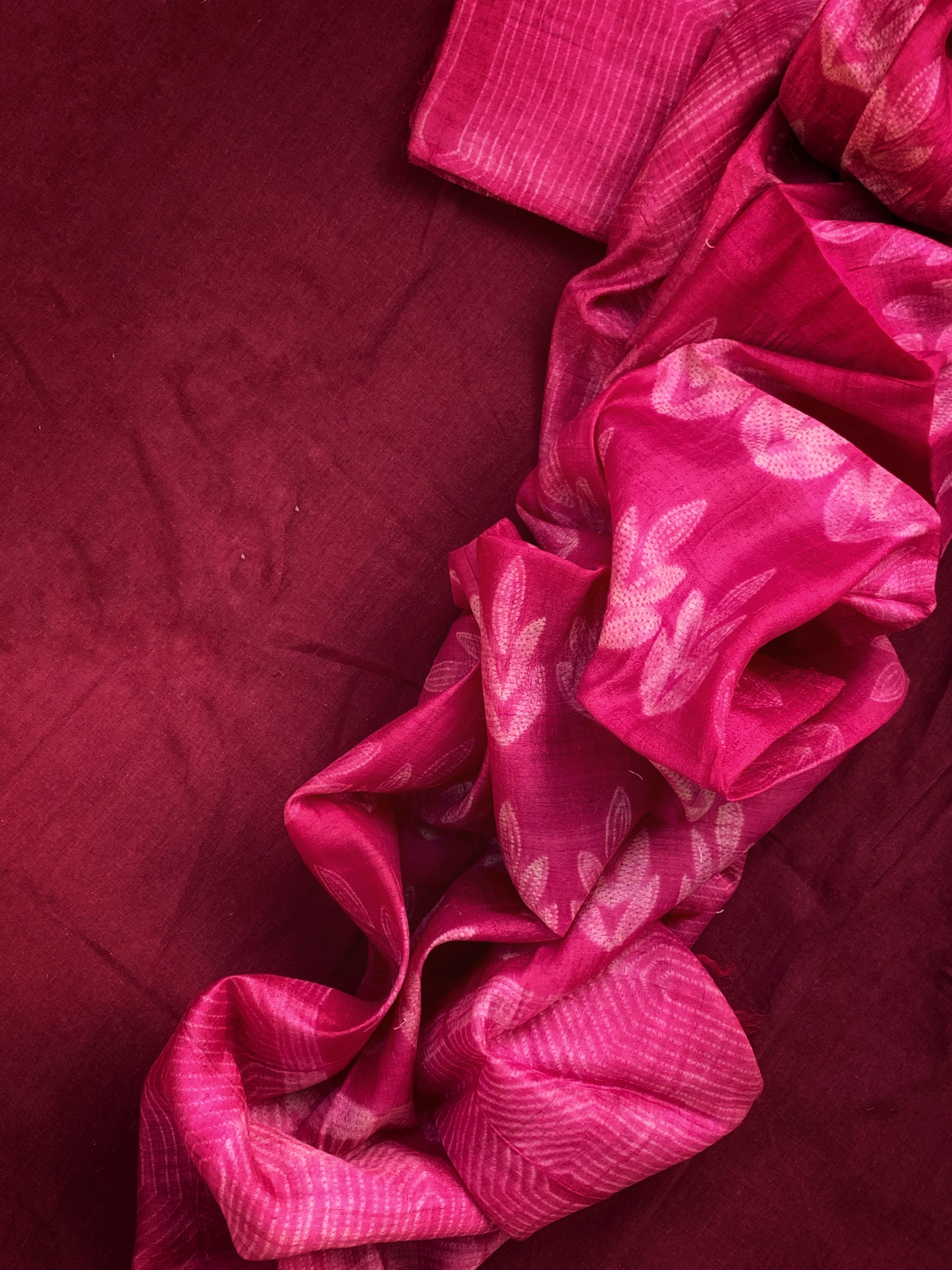 Handwoven & Handmade Tussar Shibori Kurta Dupatta Set - Rose Pink