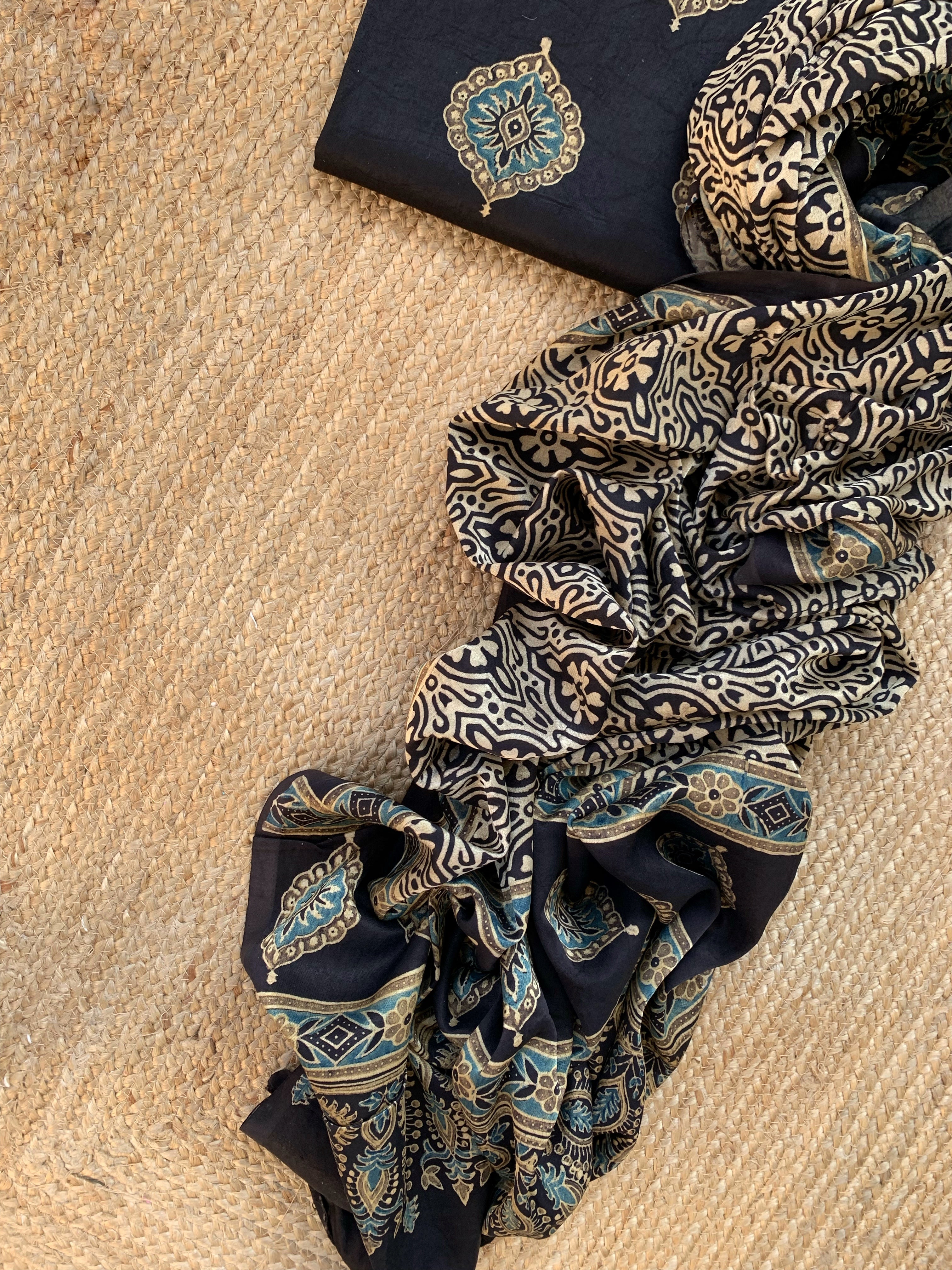 Hand Block Natural Dyes Ajrakh Mashru Silk Kurta Dupatta Set