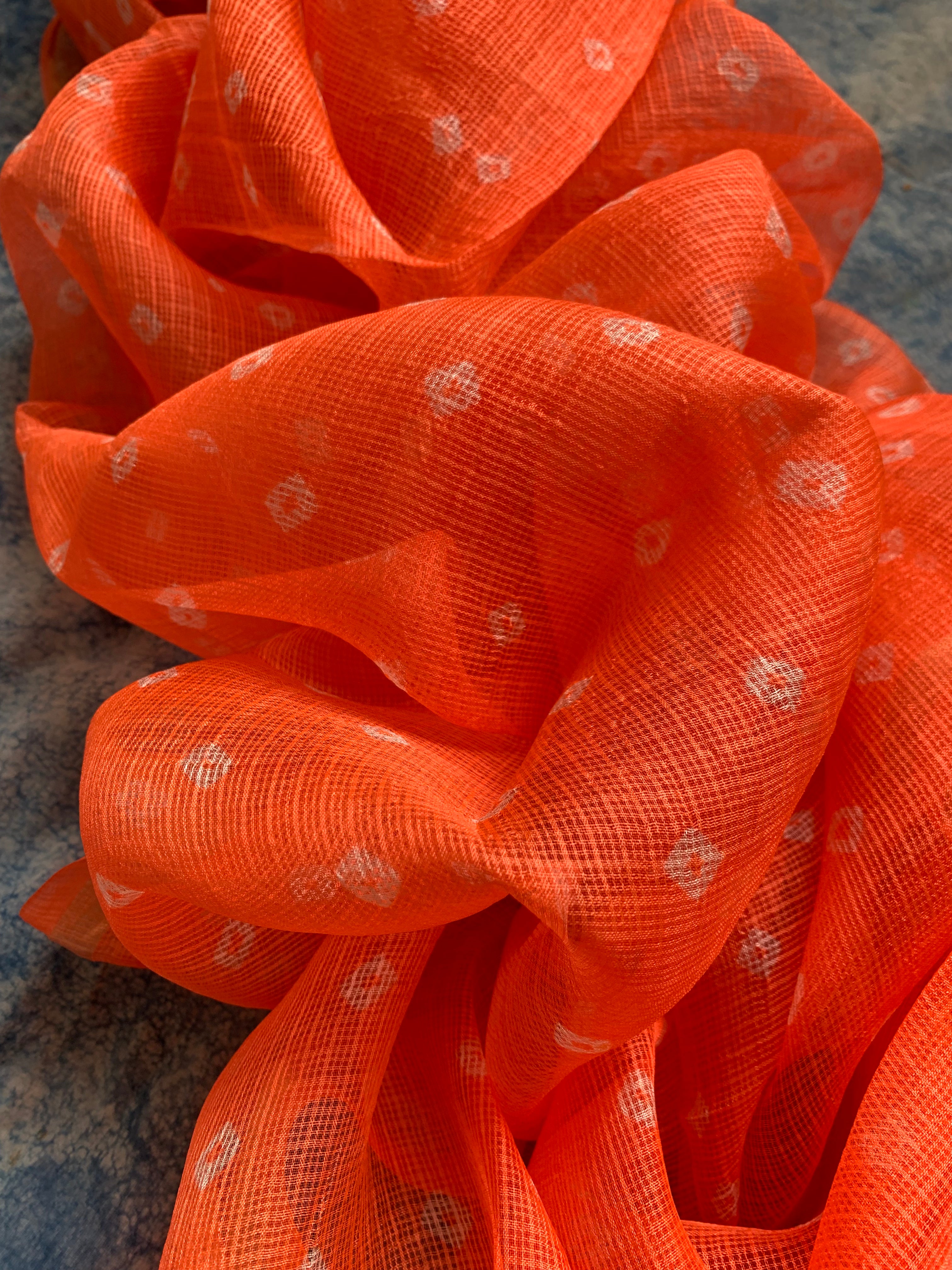 Handcrafted Tie-Dye Silk Kota Doria Dupatta - Orange