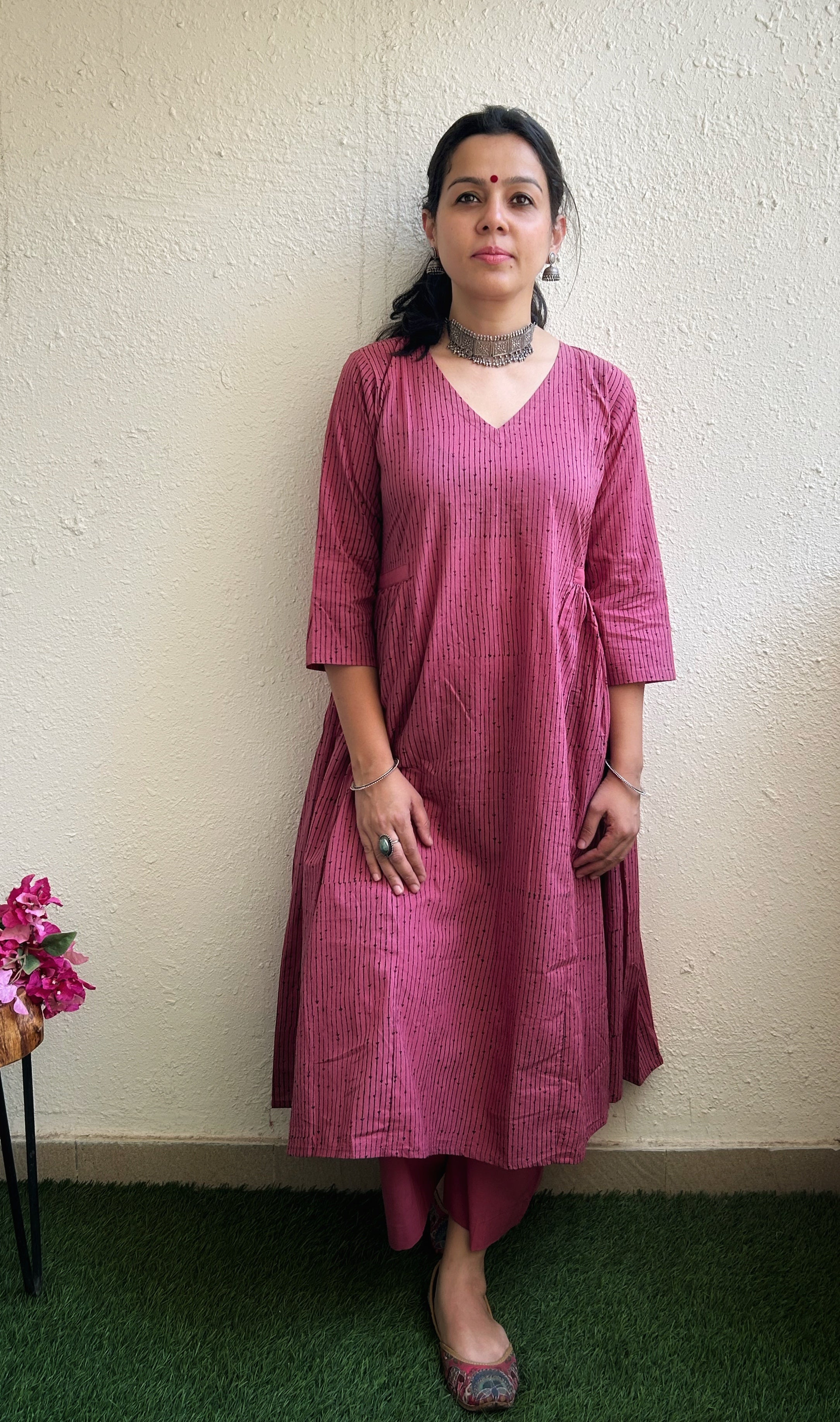 Pink Blossoms - Handblock Comfort Fit Cotton Long Kurta Bottom Set